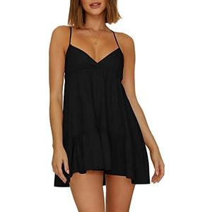 Womens V Neck Crisscross Backless Dresses Tie Back Sleeveless Ruffle Hem Flowy Swing A-Line Vintage Summer Mini Dress, XL Womens V Neck Crisscross Backless Dresses Tie Back Sleeveless Ruffle Hem Flowy Swing A-Line Vintage Summer Mini Dress, XL