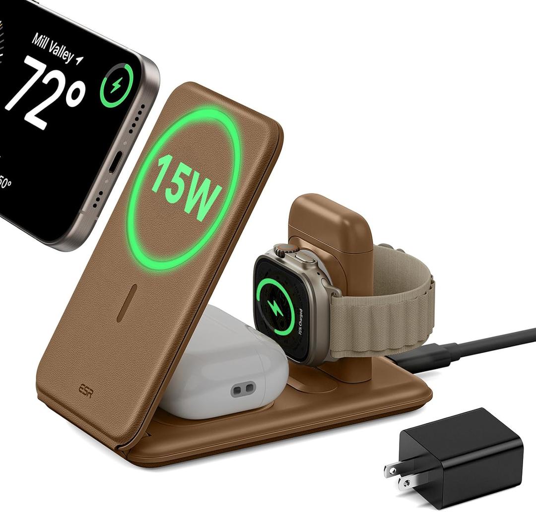 ESR 3 in 1 Charging Station for Apple, [Certified] Apple Watch Charger & 15W MagSafe Charger Stand for iPhone, Travel Charger for Multiple Devices, iPhone 17-12, Watch & AirPods, Brown