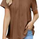 Womens T Shirts Short Sleeve Pleated Dressy Tunic Casual V Neck Summer Tops Blouses Beach Vacation Clothes (Large, Khaki)