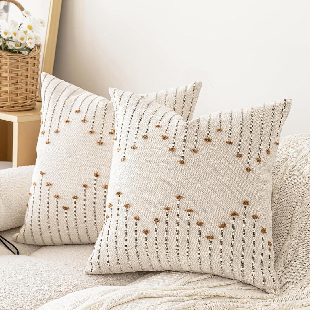 LILEPOY Boho Throw Pillow Covers 18x18 Set of 2 Neutral Decorative Textured Cushion Case Farmhouse Pillowcase Modern Square Pillow Covers for Sofa,Couch, Living Room,Beige and Brown