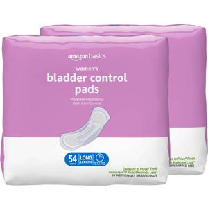 Amazon Basics Incontinence Pads for Women, Postpartum, Long, Bladder Control, Moderate Absorbency, Unscented, 108 Count (2 Packs of 54)
