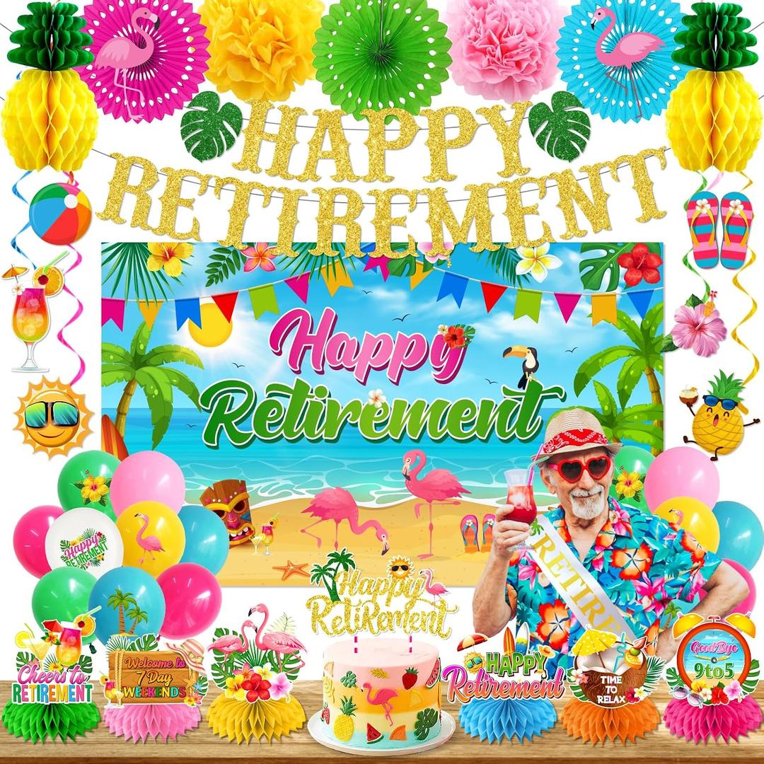 Beach Retirement Party Decorations, Aloha Party Decorations includes Happy Retirement Banner Hawaiian Backdrop and Hanging Swirls Honeycomb Centerpieces, for Aloha Decor