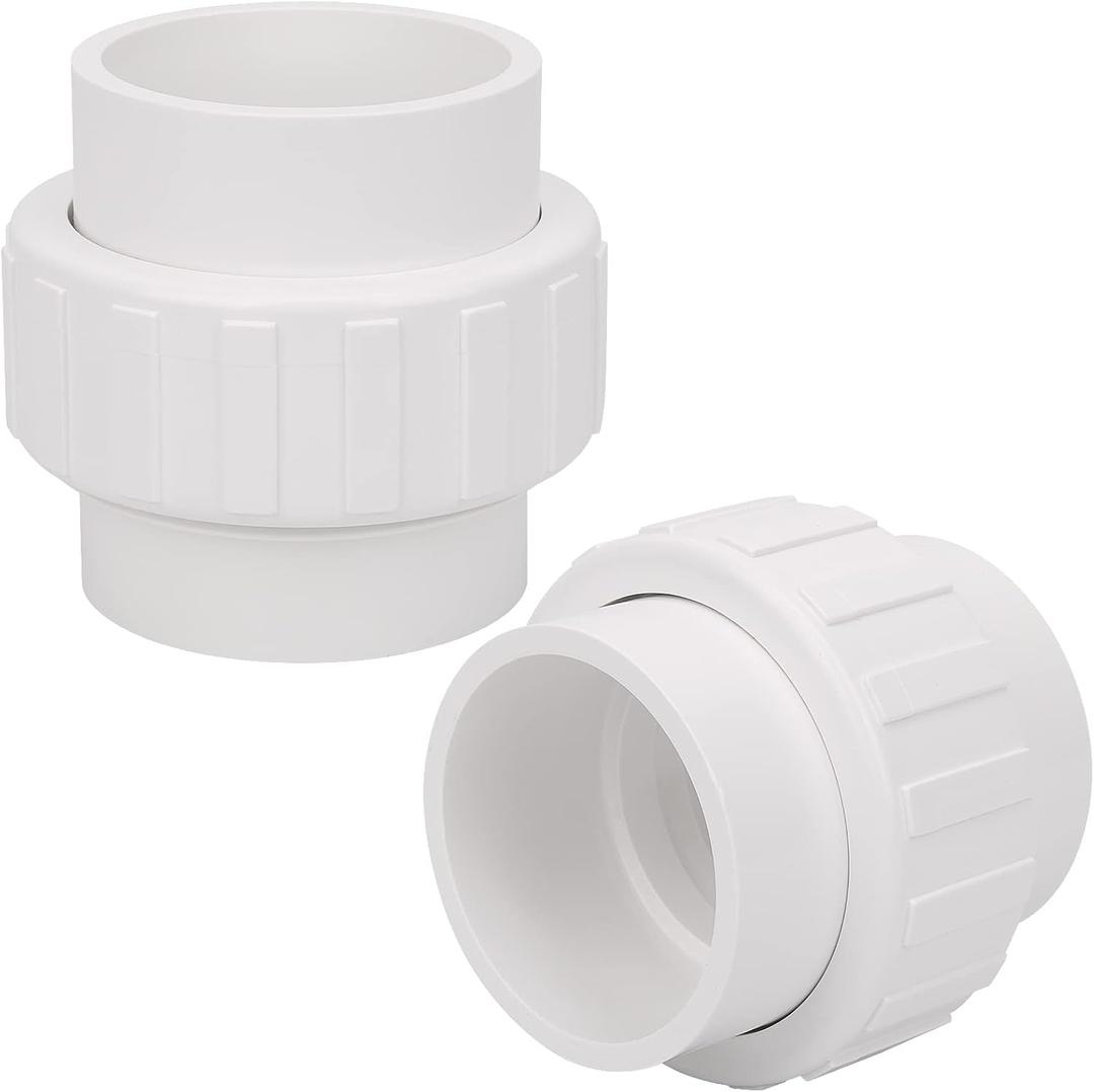 2 Pack 2" PVC Union Coupling Pipe Fitting (Socket x Socket) 2 Inch PVC Slip Union PVC Adapter Coupling Schedule 40, EPDM O-Ring, White