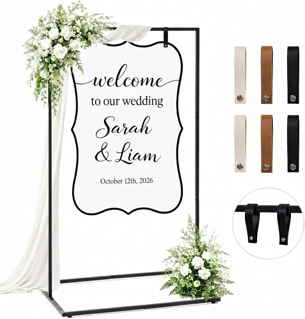 Wedding Welcome Sign Stand, 50" Standard Height - Black Metal Sign Holder with 6 Leather Straps, Easel Stand for Seating Charts & Event Dcor