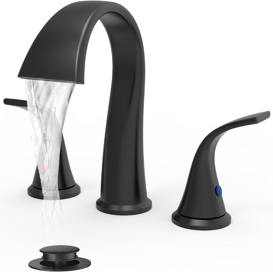 Bathroom Faucets 3 Hole Bathroom Sink Faucet with Pop Up Drain and Water Supply Hoses 8 Inch Waterfall Bathroom Faucet Two Handles for Vanity,Lavatory,Restroom,Commercial,Black
