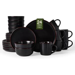 Famiware Mercury Dinnerware Sets with Mugs, Service for 6 (24 Pieces), Stoneware Plates and Bowls Sets, Microwave and Dishwasher Safe Dishes Set, Matte Black