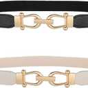 JASGOOD Women Skinny Elastic Belt for Dresses,Thin Retro Stretch Waist Belt with Golden Buckle  2 Pack C-black+beige