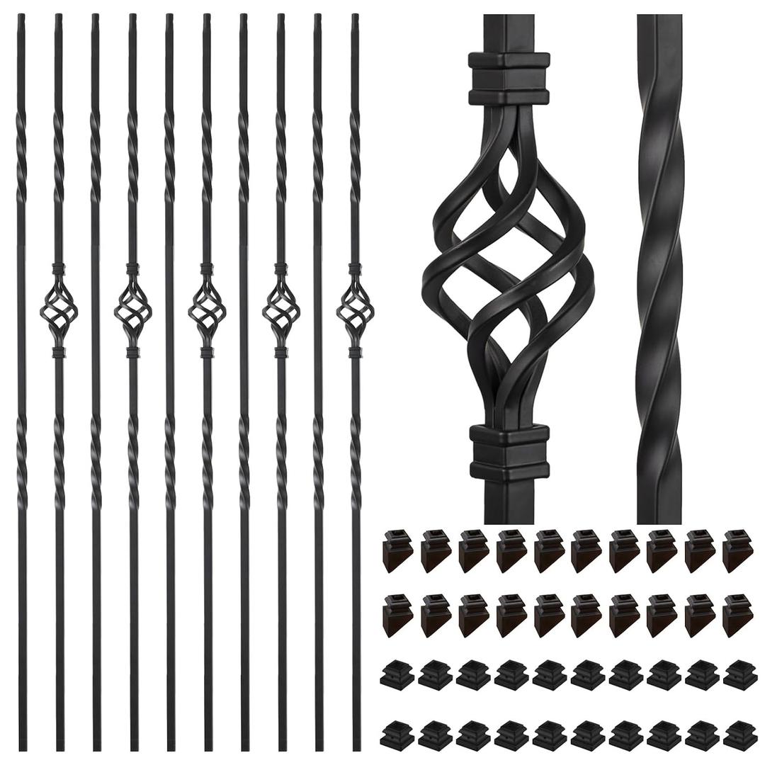 20 Pack Staircases Iron Balusters -1/2'' Square Hollow Metal Spindles with Single Basket and Double Twist Design, Includes 20 Flat Shoes & 20 Angle Shoes
