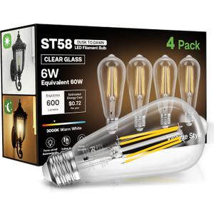 Dusk to Dawn Light Bulbs, 6W Equivalent 60W, Soft White 3000K, E26 Base, Light Sensing, ST58 Vintage Style, 600LM, Outdoor Edison Bulbs, Automatic Light Bulbs for Porch Patio Garage, 4 Pack
