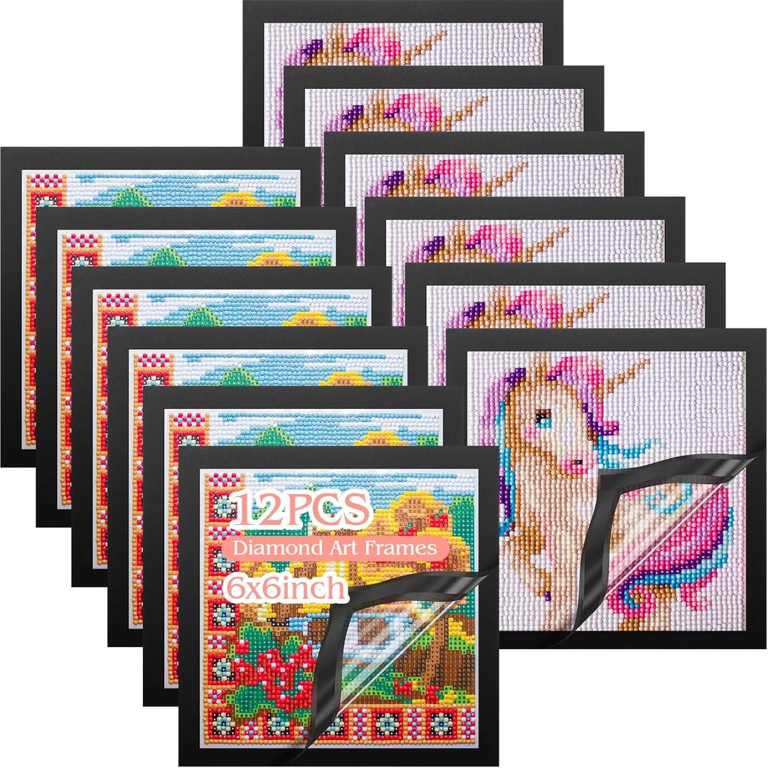 Harloon 12 Pcs Diamond Art Frames Magnetic 6 x 6 Inch Diamond Art Frames Self Adhesive Picture Frame magnetic frame for Painting Pictures Canvas Room Wall Window Door Decorations Accessories, Black