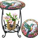 Cinnvoice Outdoor Side Table Round Small Mosaic Patio Accent Indoor End Plant Metal Coffee Tea Table for Yard Porch Garden Patio Living Room, Bedroom(Hummingbird Style,14 Inch)