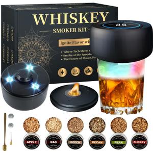 Electric Whiskey Smoker Kit with Led Lights, No Butane Needed | Cocktail Old Fashioned Bourbon Drink Smoker Kit, 6 Flavors Natural Wood Chips, Bourbon Whiskey Gifts for Men, Dad, Husband