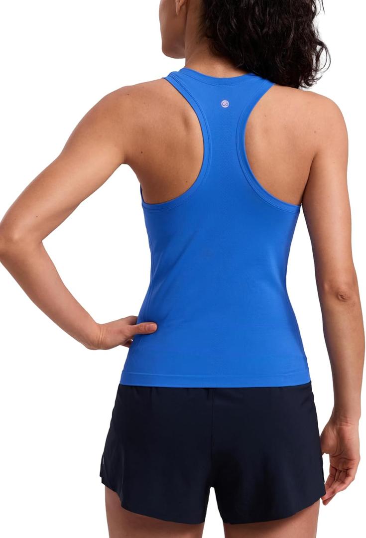 CRZ YOGA Seamless Racerback Tank Waist Length | Training, Chafe-Free, Slim Fit, Crewneck, Mesh Vents, Workout, Sleeveless Tops for Women (Blue, M)