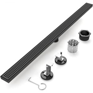 Linear Shower Drain - 48 Inch Matte Black, with Grate Removable | AISI 304 Stainless Steel Shower Drain with Adjustable Feet, Hair Catcher, Rectangle Shower Floor Drain Fits Bathroom, Balcony