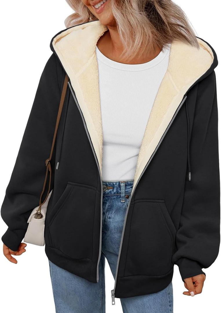 Trendy Queen Zip Up Hoodies for Women Fleece Lined Jackets Winter Coats Long Sleeve Sweatshirts Pullover Fall Clothes (Large, Black)