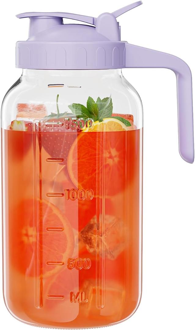 Glass Mason Jar Pitcher, 64 oz Wide Mouth Jug with Pour Spout Handle Lid for Cold Brew Coffee, Ice Beverage, Iced Juice, Lemonade, Sun Tea, Fruit Drinks ContainerPurple