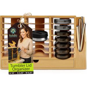 Bamboo Tumbler Lid Organizer  Space Saving Multi-Tier Storage Rack with Straw Holder and Gasket Drawer  Vertical Cup Lid Organizer for Cabinet, Kitchen Countertop - Triple