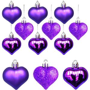 12Pcs Heart Ornaments Multi Finish Heart Baubles Hanging Ornaments for Valentines Day Decor Mother's Day Christmas Tree Wedding Anniversary Party Decoration(Purple)