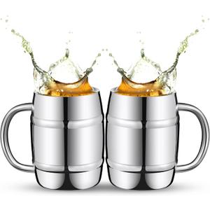 2 Pcs 304 Stainless Steel Barrels Mugs 15 oz Double Wall Coffee Cup Beer Stein Cup with Handle for Party Travel Tumbler Tea Insulated Cold Hot Drinks