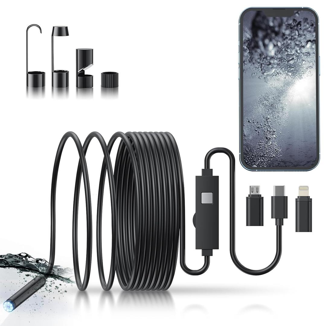 Endoscope Camera with Light, 1920P HD Bore Scope Borescope with 8 Lights, Waterproof 16.4FT Semi-Rigid Cord for Pipe Inspection, Industrial Endoscope for Phones(Black)