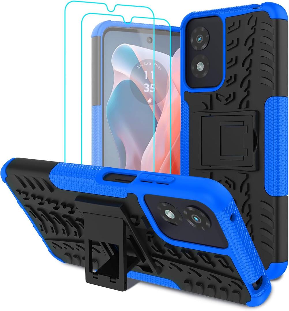 for Moto G Play 2024 Case with 2 Pack Screen Protector,Military Grade Shockproof, Heavy Duty Robust Bumper Cover with Kickstand for Motorola G Play 2024 Phone Blue