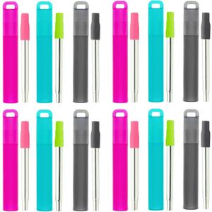 NAIVELY-Reusable Straws 12 Pack Collapsible Portable Stainless Steel Straws, with Plastic Housing Silicone Tips and Cleaning Brush, Retractable Travel Straw ((Gray, red, blue)*4)