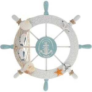 Nautical Beach Wooden Boat Ship Steering Wheel Fishing Net Shell Fish Home Wall Dcor(11" Diameter)