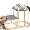 Pawaboo Elevated Cat Hammock Bed, 2-Tier Cats Bed with 2 Teasers, Wooden Cats Furniture with Kitten Scratching Mat,Double Cat Beds Interactive Stair Shaped Pet Hammock for Indoor Kitties Climbing (Wood Color + Grey)