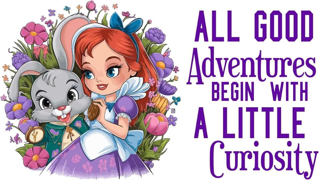 Cute Cartoon Alice and Rabbit Floral Mad Hatter Cheshire Cat Alice in Wonderland Adventurous Creative Minimalist Cartoon Girls Boys Kid Room Design Nursery Fun Home Vinyl Decoration Size (26x24 inch)