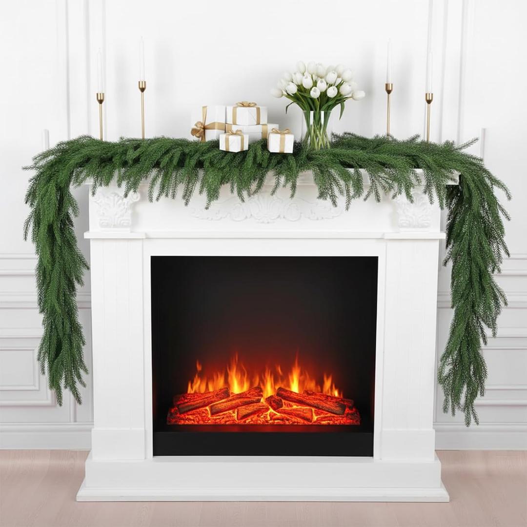6FT Christmas Norfolk Pine Garland Artificial Real Touch Green Pine Garlands Indoor Christmas Decorations for Mantle Table Runner Fireplace Stairs Outdoor Winter Decor