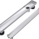 EXF Offset Linear Shower Drain 24 Inch Brushed with Reversible Flat & Tile Insert Cover, Stainless Steel Rectangle Shower Floor Drain with Hair Catcher, Adjustable Feet