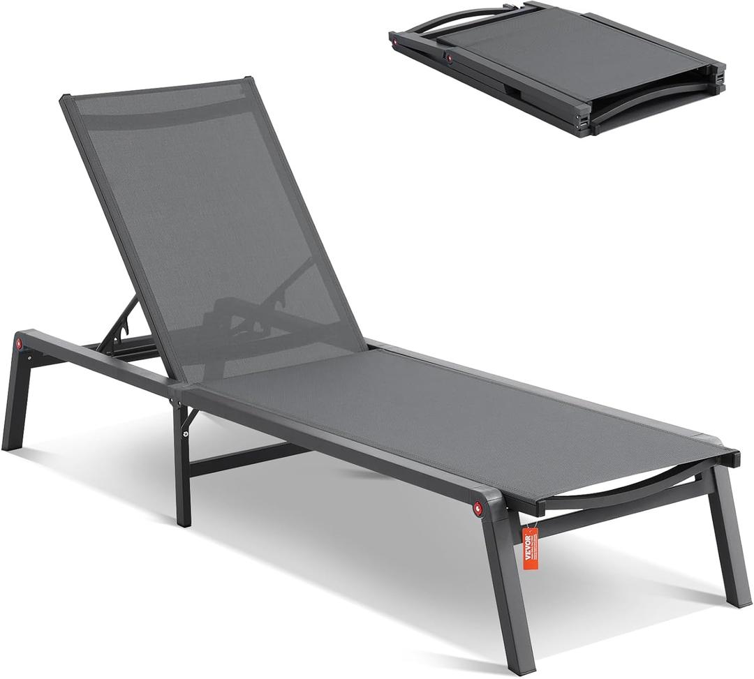 VEVOR Modern Outdoor Lounge Chair, Aluminum Patio Chaise with Adjustable 5-Position, Foldable Pool Lounge Recliner and Full Flat Tanning Chair for Patio, Beach, Pool, Dark Grey (1 Lounge Chair)