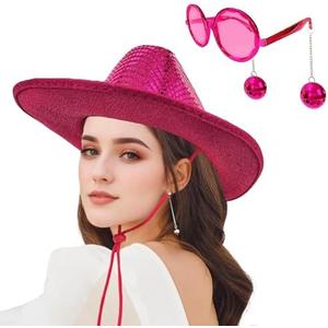 JIANGLAI Disco Ball Western Cowboy Hat with Disco Sunglass, Sparkly Mirrored Cowgirl Hat for Women Men Costume Cosplay Party