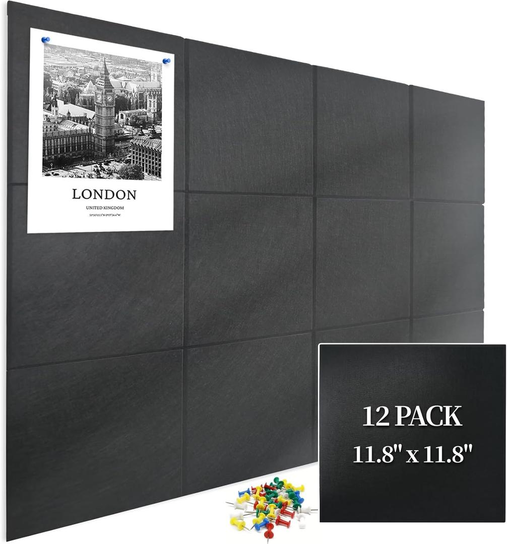 Large Cork Board for Wall 12 Pack, Bulletin Board 48" X 36", Felt Board Wall Tiles with 72 Damage-Free Removable Pads & Push Pins, Alternative Pin Board Cork Board for Office Home, Black
