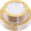 I00000 96pcs Gold Plastic Plates, Clear and Disposable Plates, Clear Plastic Plate with Gold Rim Include 48 Heavy Duty Dinner Plate 10.25 Inch and 48 Dessert Plate 7.5 Inch Perfect for Party