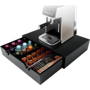 Coffee Pod 15" X 11" X 3" Natural Wood Countertop Organizer Drawer, Counter Top Espresso Tea Bag Station Storage Holder Box, Black