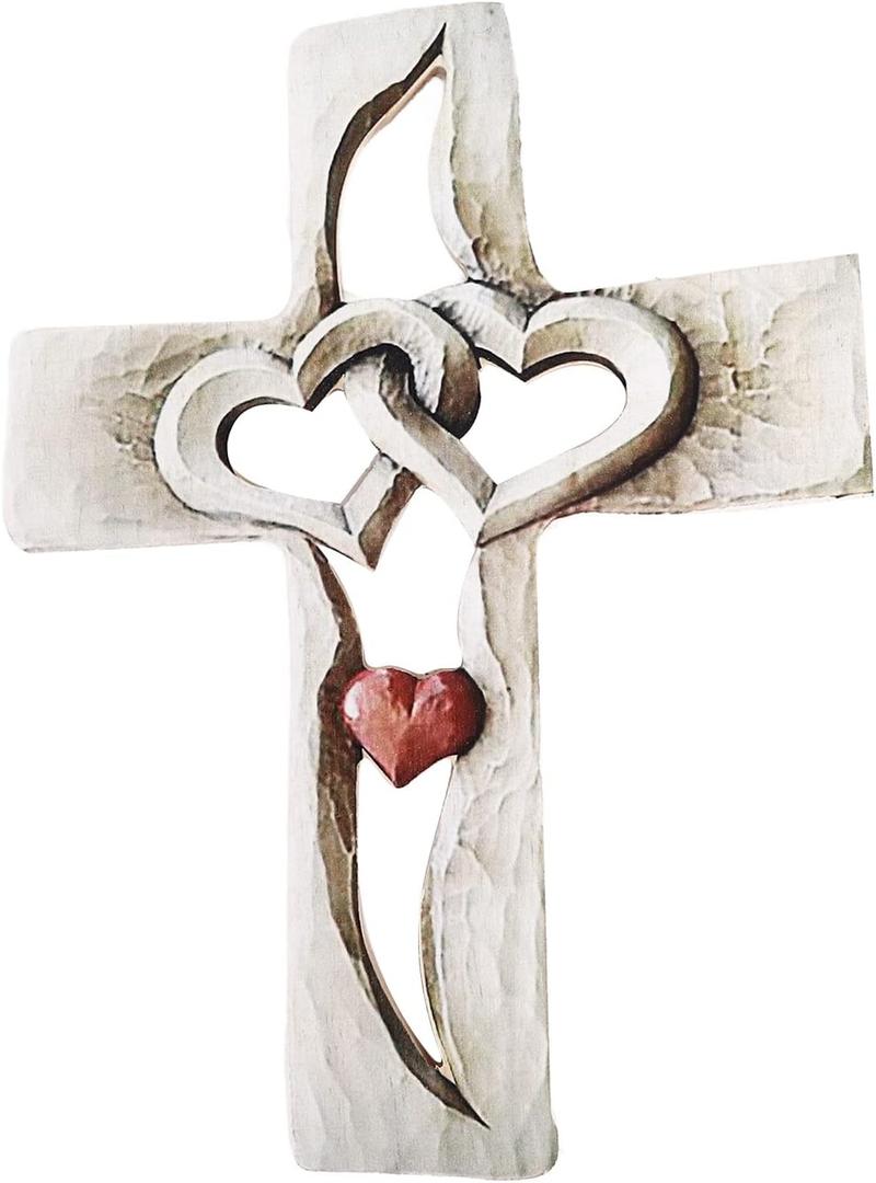 Carved Wooden Cross - Intertwined Hearts, Wall Hanging Hand Carved Wood Cross for Living Room Study Bedroom Office Decor (Red Heart Cross)(Red Heart Cross)