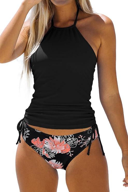 Women's Bathing Suit Solid Color Drawstring Side Halter Neck Tankini Set, Solid Black, S