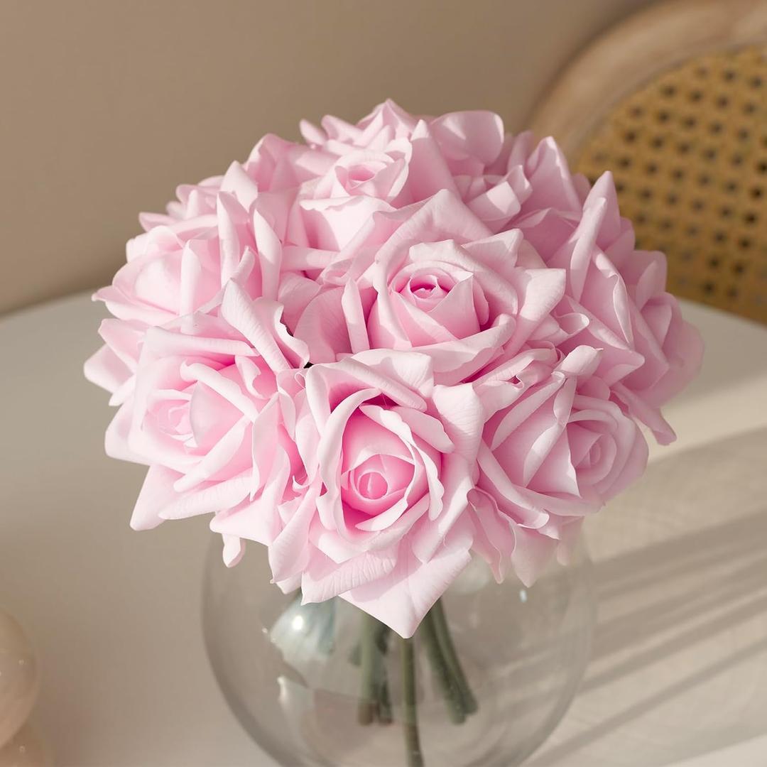 DUYONE Artificial Roses Single Stem 10pcs Fake Silk Flower Arrangement Bouquet for Home Party Wedding Decoration(Light Pink) (not Include Vase)