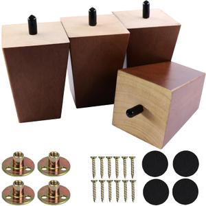 Santoy 4 Inch Solid Wood Furniture Legs Pack of 4  Brown Square Sofa Leg Mid-Century Modern Replacement Feet for Armchair, Recliner, Couch, Coffee Table, Cabinet, Chair and Dresser