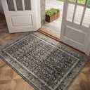 Washable 3x5 Entryway Rug, Boho Non-Slip Vintage Distress Small Rugs for Kitchen Nursery Office Bedroom, 0.3" Neutral Oriental Throw Thin Carpet with Cushioning Pad, Black/Brown/Blue/Multi