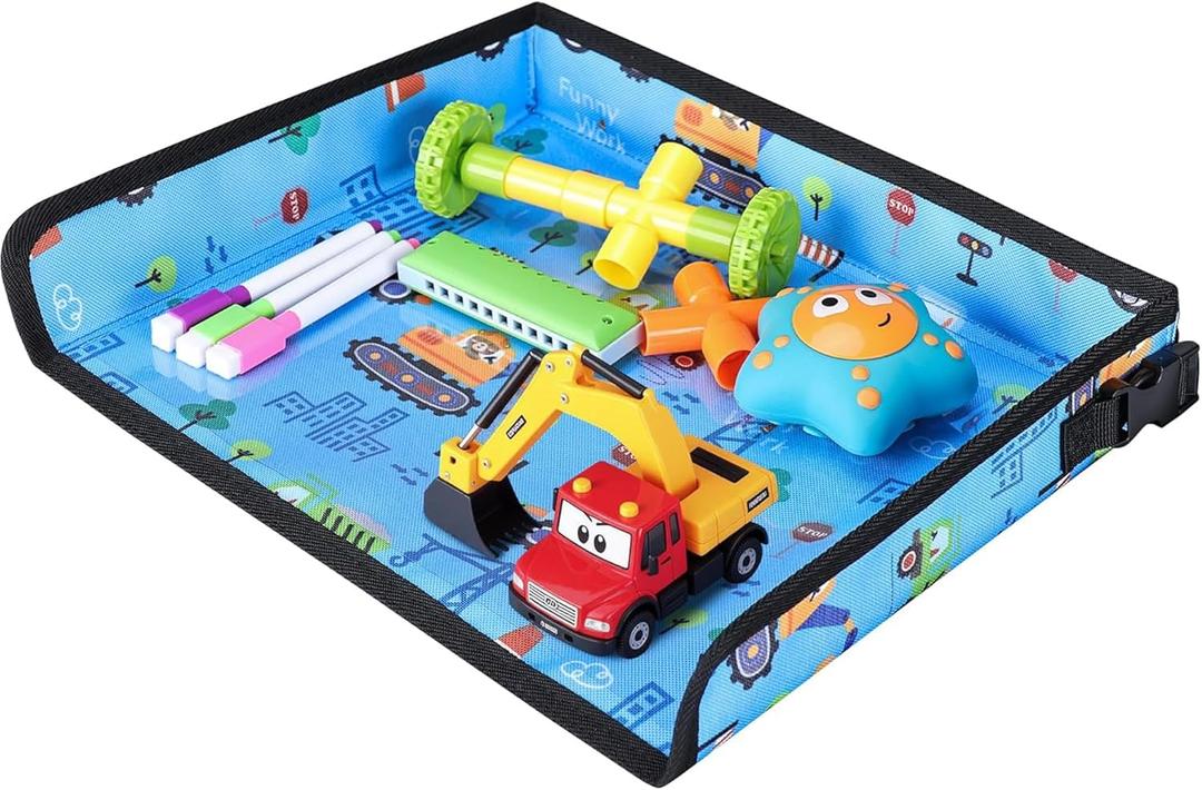 Kids Travel Tray Table Cover with Pockets  Toddler Airplane Essentials for Plane, Train, Car & Highchair, Portable Activity Board with Tablet Holder & Storage (Light Blue)