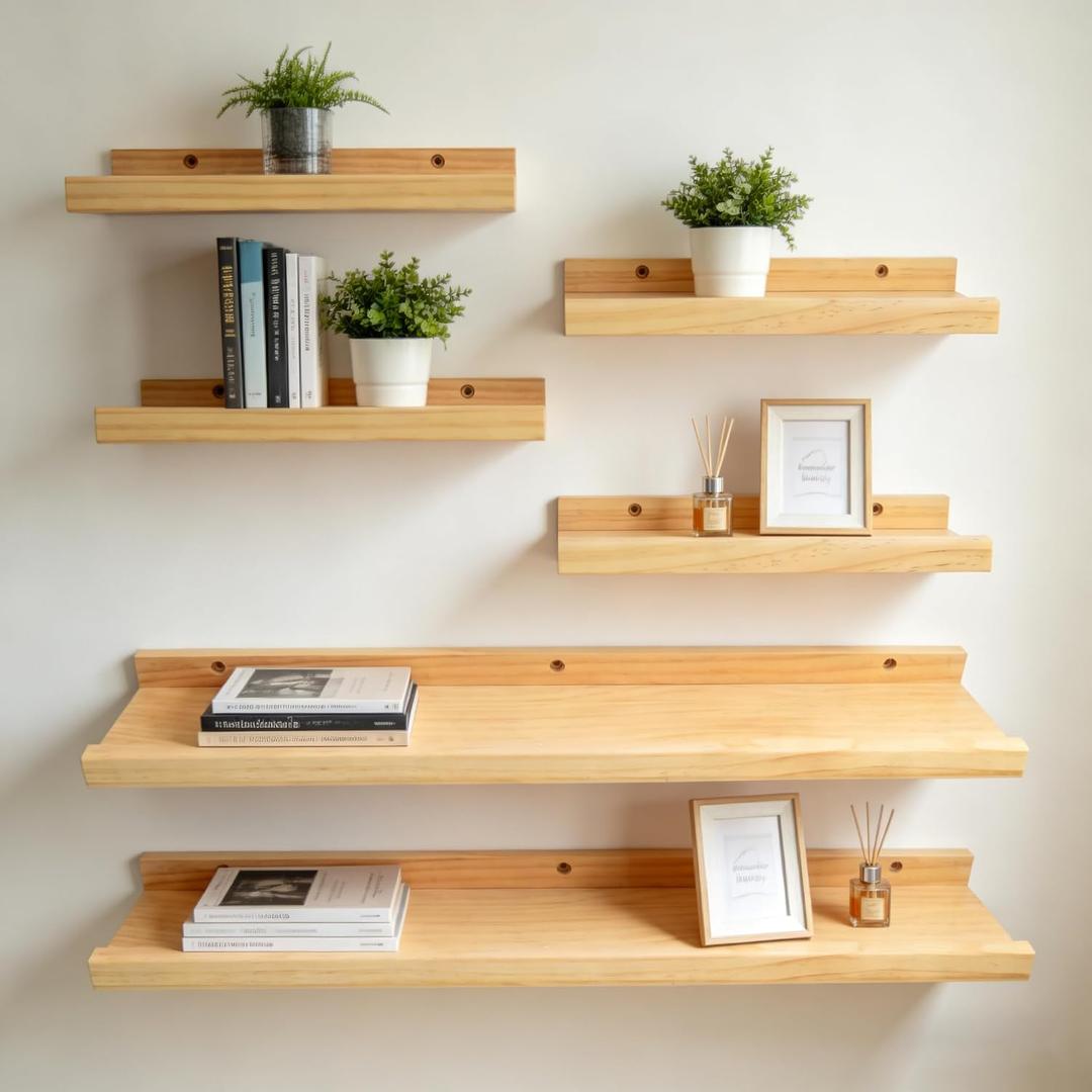 Spruce Solid Wood Shelf, Shelves for Decor Storage Set of 6(Two 23.25inch Ones and Four 12inch Ones) Wall Mounted Wood Shelf for Bedroom, Living Room, Kitchen, Long Picture Ledge Shelves, Natural, 24in