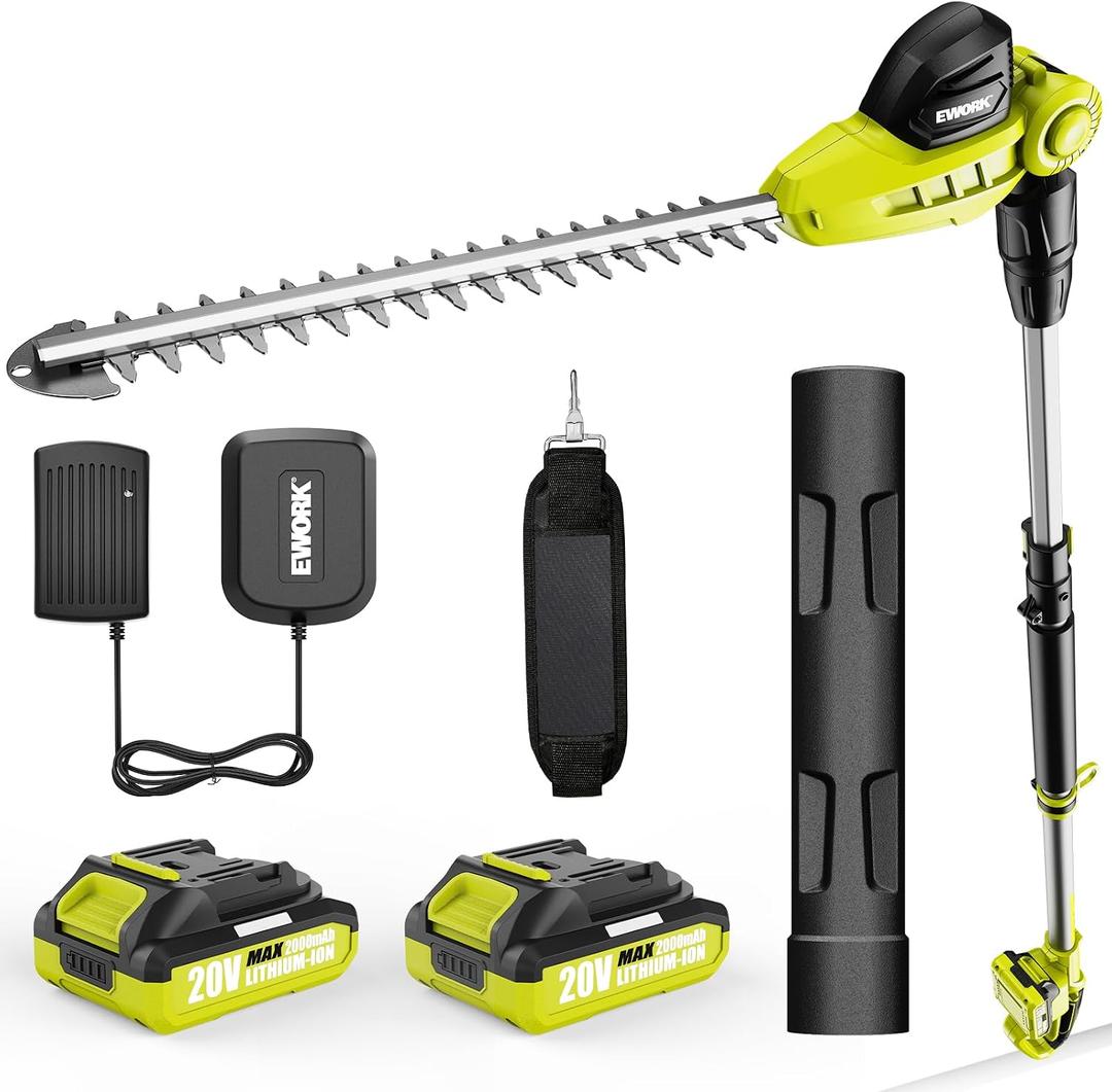 EWORK 20V Cordless Pole Hedge Trimmer with 2 * 2.0Ah Batteries and Charger, 18-Inch Dual Action Blade, 6.3Ft-8.6Ft Telescopic Pole Bush Trimmer, 11-Position Adjustable Head, 6lbs Lightweight