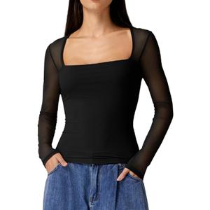 QINSEN Women's Square Neck Long Sleeve Mesh Top Sheer Sleek Fitted Blouse for Casual Night Out (Black, M)