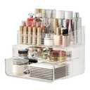 LAMU Makeup Organizer with Large Drawers, Bathroom Counter Skincare Organizer for Vanity,Storage Box with Handle, Cosmetic Display case for Vanity Countertop, Skincare Perfume Storage, Clear