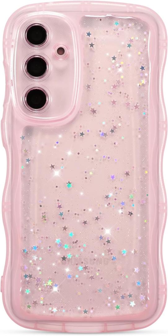 ZTOFERA for Samsung Galaxy A14 4G/5G Case 6.6",Cute Curly Wave Case with Star Glitter,Clear Shiny Bling Soft TPU Shockproof Phone Protective Cover for Women Girls-Pink