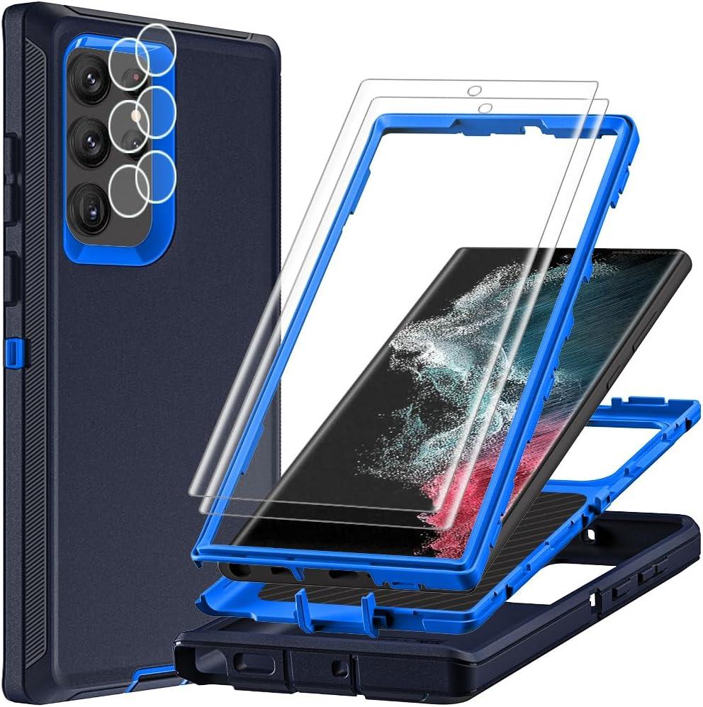for Samsung Galaxy S22 Ultra Case with 2Pcs Self Healing Flexible TPU Screen Protector & Camera Lens Protector, 3 in 1 Heavy Duty Shockproof/Drop Proof/Dust Proof Case (Navy Blue)