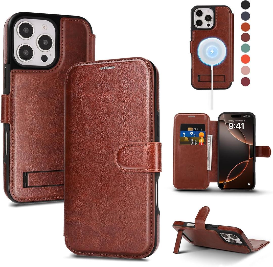 for iPhone 16 Pro Wallet Case with Stand,PU Leather Flip Credit Card Holder Slots (RFID Blocking),Compatible with Magsafe Magnetic Holder Phone Cover Women Men,Dark Brown