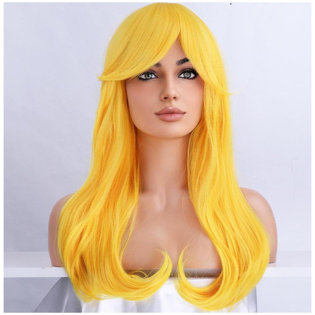 BERON Yellow Wigs Long Wavy Women Wig with Bangs Curly Heat Resistant Synthetic Wigs for Halloween Cosplay Party Wig